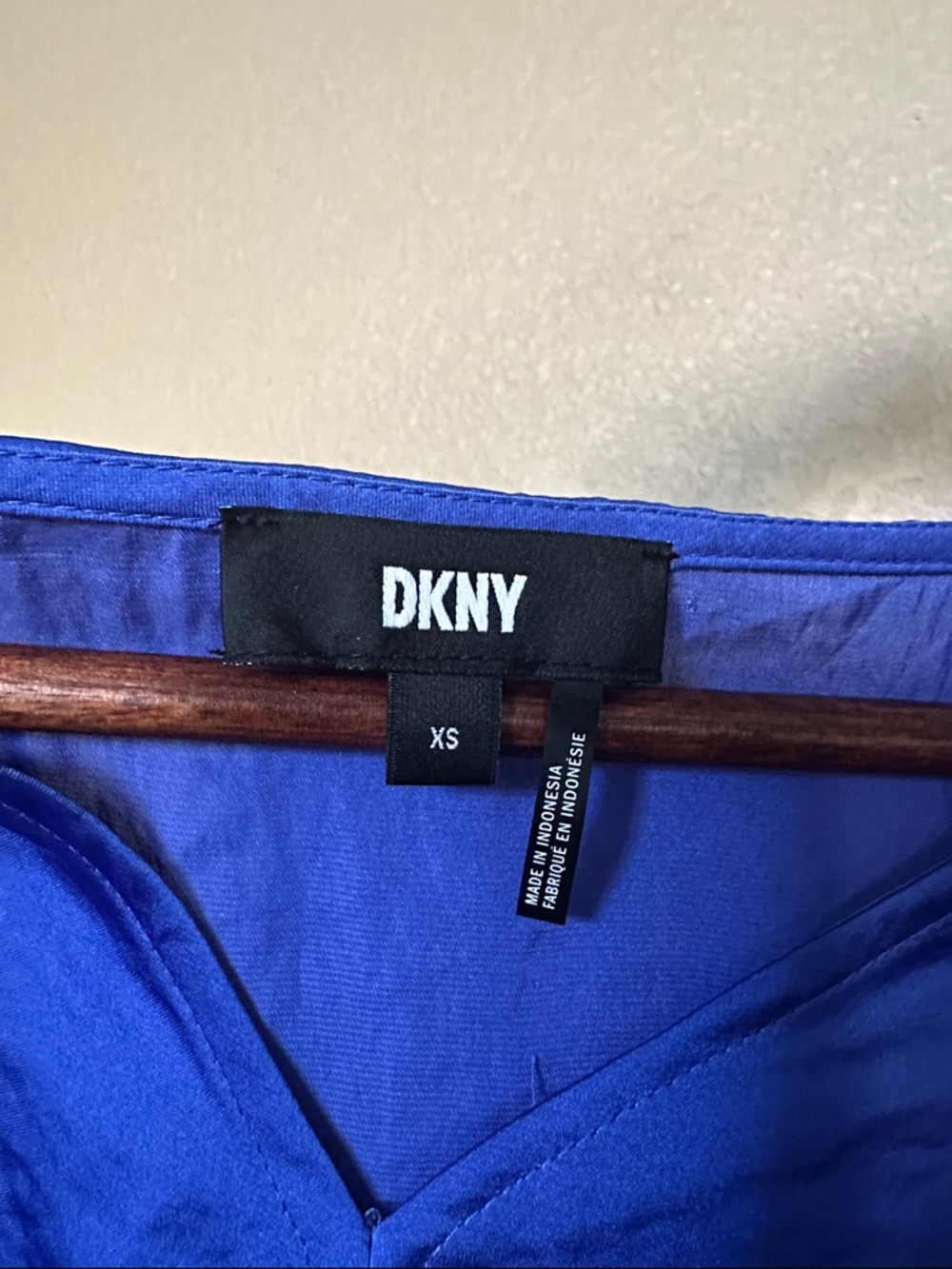 DKNY Cobalt Blue Satin V-Neck Cinched-Front Blouse - Picture 2 of 4